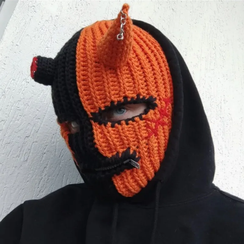 Zabawna czapka z dzianiny z rogami Cosplay na Halloween maskarady ciepłe pełna twarz osłona maska narciarska kapelusz wiatroszczelny kask Trick