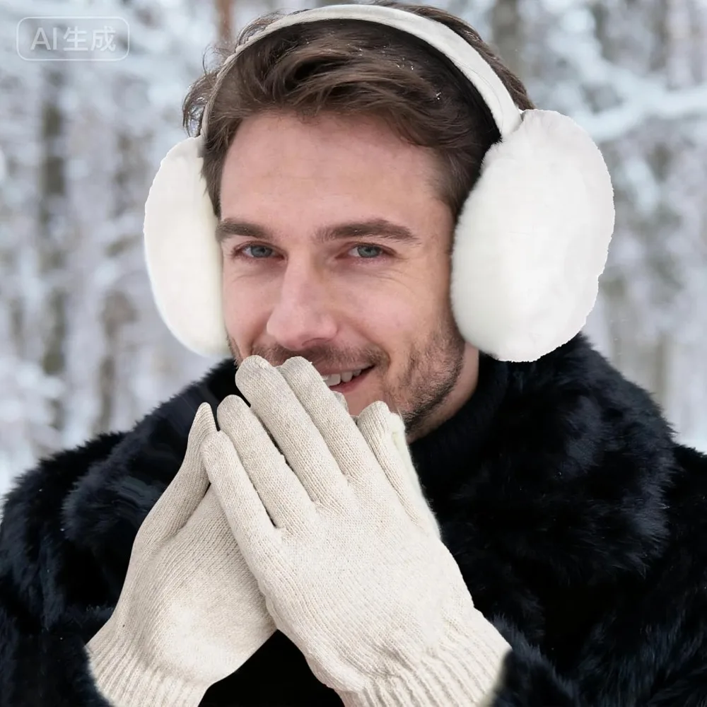 Zimowy zestaw na zimę: puszyste nauszniki, czapka, rękawiczki na zimną pogodę