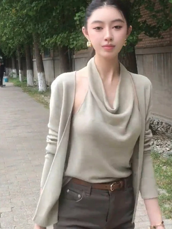 Cardigan lavorato a maglia francese Sle Long Sve con cinturino Set da due pezzi Ne Swing Design Top con riduzione dell'età per donna