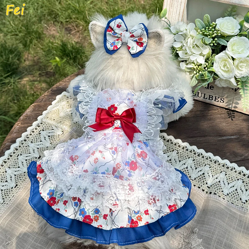 

2025 Dog Cat Princess Photography Dress: Navy Wine Floral Lace Tulle Gown with Spaghetti Strap & Bow Decor for Small Medium Pets