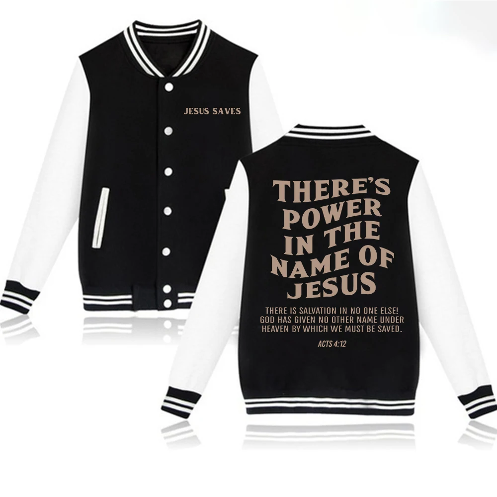 There\'s Power In The Name of Jesus Hoodie Baseball Uniform Jackets Men Women Jesus Saves Fashion Coats Autumn Streetwear