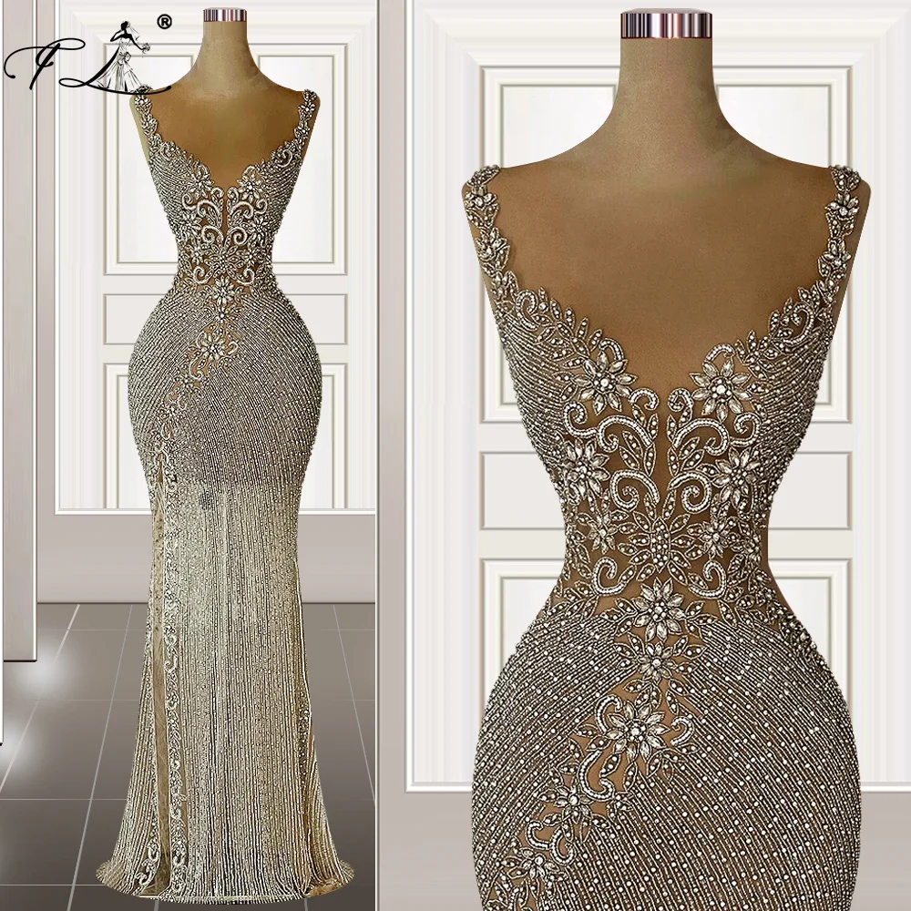 Heavily Handmade Silver Full Beaded Evening Dress 2024 Dubai Arabic Sexy Hollow Out Prom Party Dresses Vestidos Customized