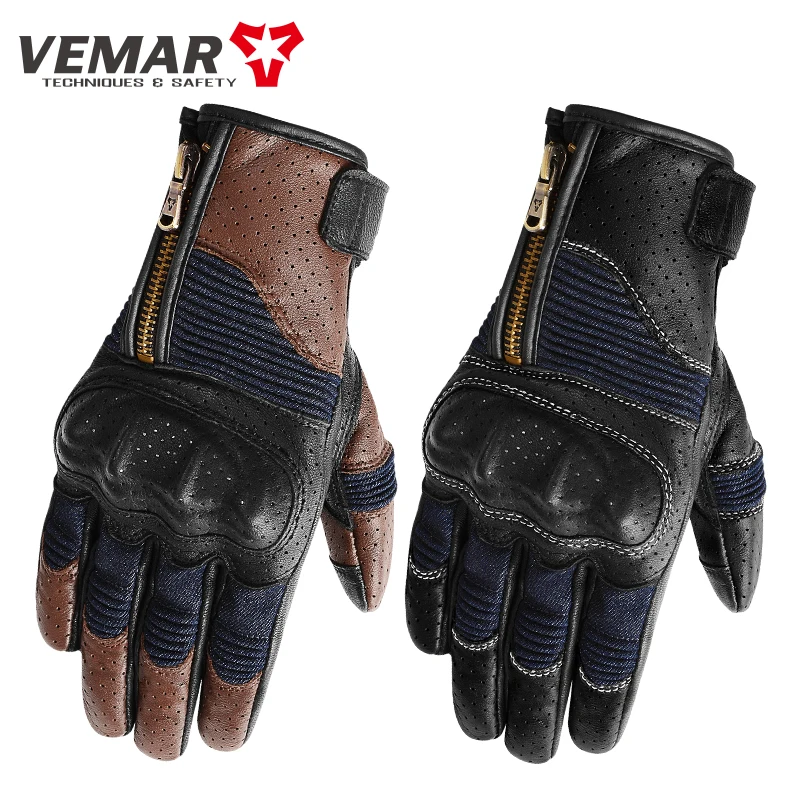 

VEMAR Vintage Leather Goatskin Motorcycle Mesh Gloves Summer Men Denim Cycling Bike Motocross Racing Biker Riding Protective