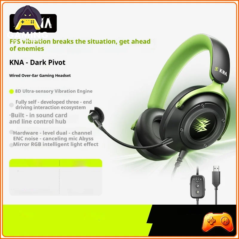 KNA Dark Pivot Wired Over‑Ear Gaming Headset FPS E‑Sports Headphone Vibration Engine Sound Positioning for Delta Force Valorant