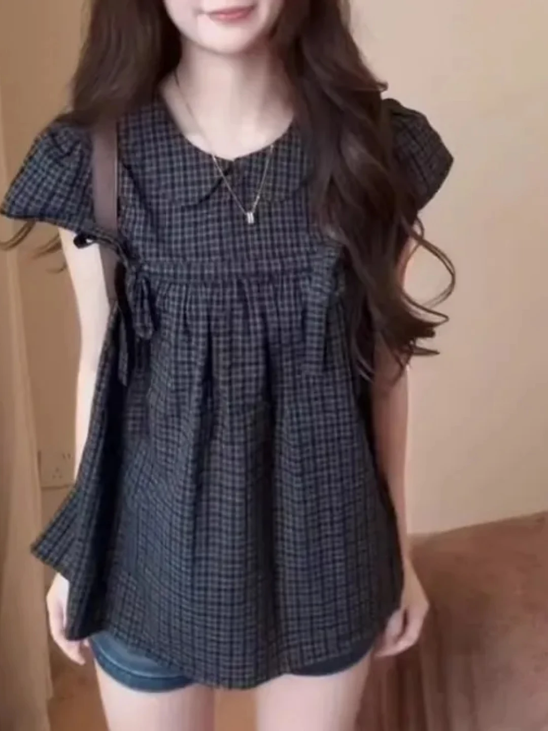 

Летняя повседневная женская рубашка в клетку с воротником-стойкой, свободного кроя, с коротким рукавом, приталенная, с рукавами-фонариками на завязках, больших размеров, в корейском стиле