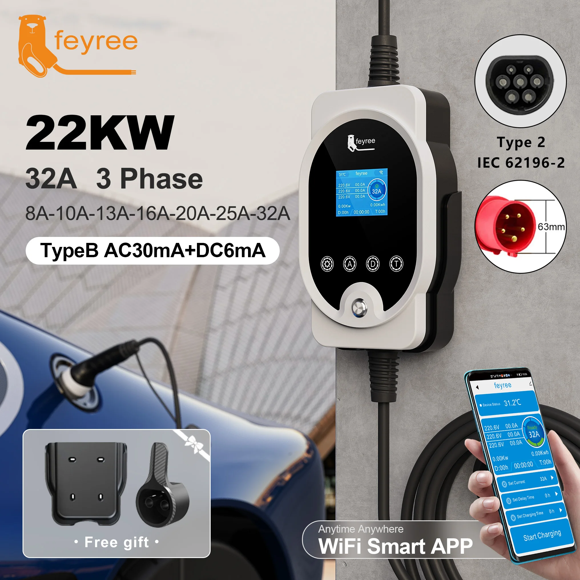 feyree 22KW EVSE Wallbox & Portable EV Charger Type2 Cable 32A 3Phase Smart Wi-Fi APP Fast Charging Station for Electric Vehicle