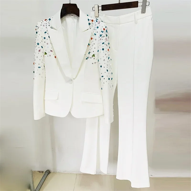 Black Women Suits Office Set Luxury Crystal Jacket+Pants 2 Pieces Female Spring Office Lady Business Work Wear Coat Prom Dress