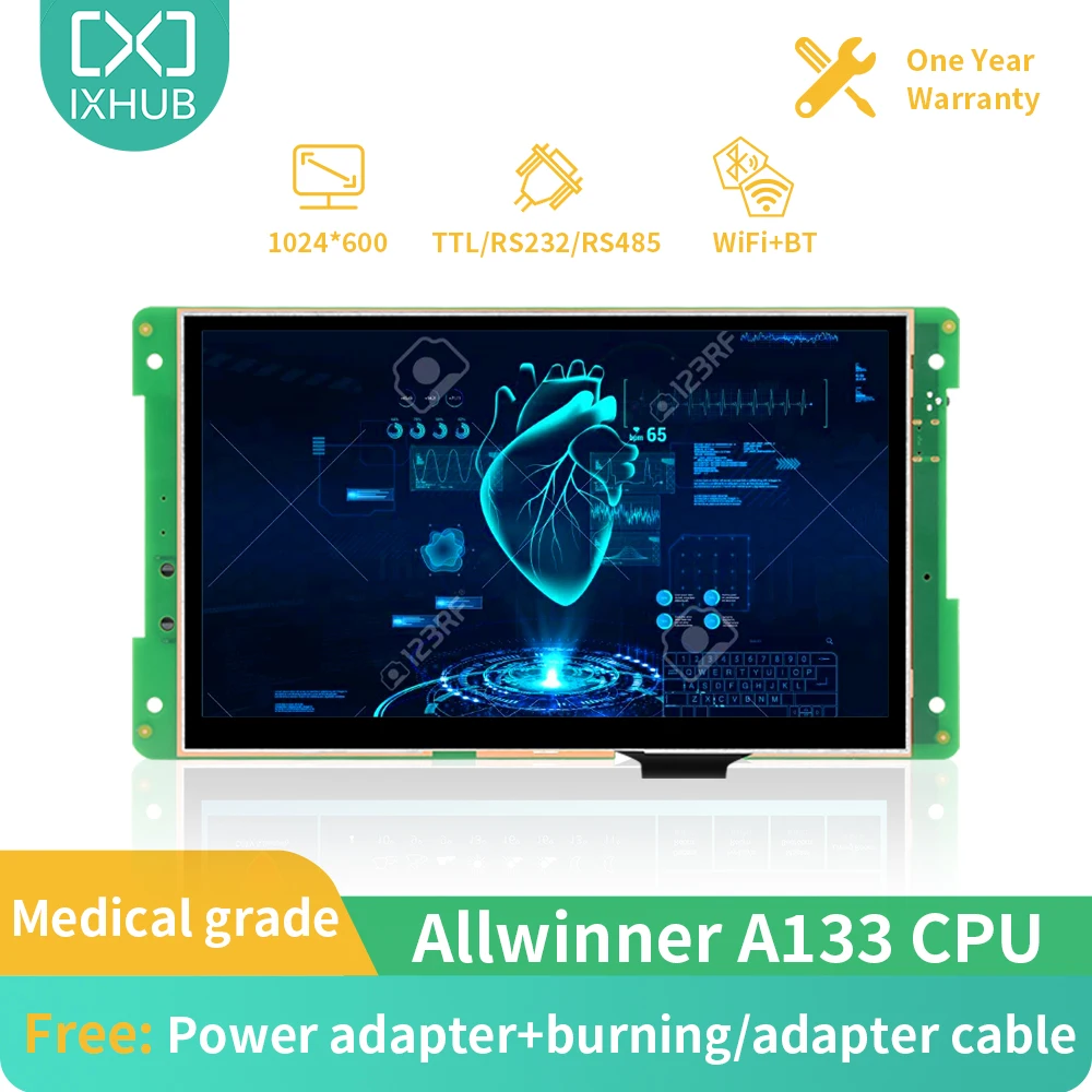 

IXHUB 7-inch 1024*600 Pixels Resolution Medical grade 16.7M Colors IPS-TFT-LCD Screen Support RS232 and RS485 for Smart Medical