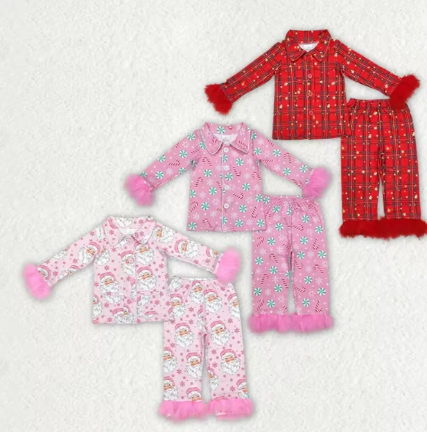 

New Arrival Sibling Clothing Baby Girls Pajamas Christmas Buttons Fur Shirt Pants Sleepwear Clothes Sister Girls Pajamas Set