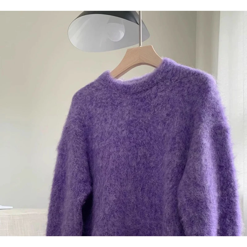 Haute Purple Mohair Loose Thickened Soft Lazy Style Plush Top Soft Knitted Sweater For Women