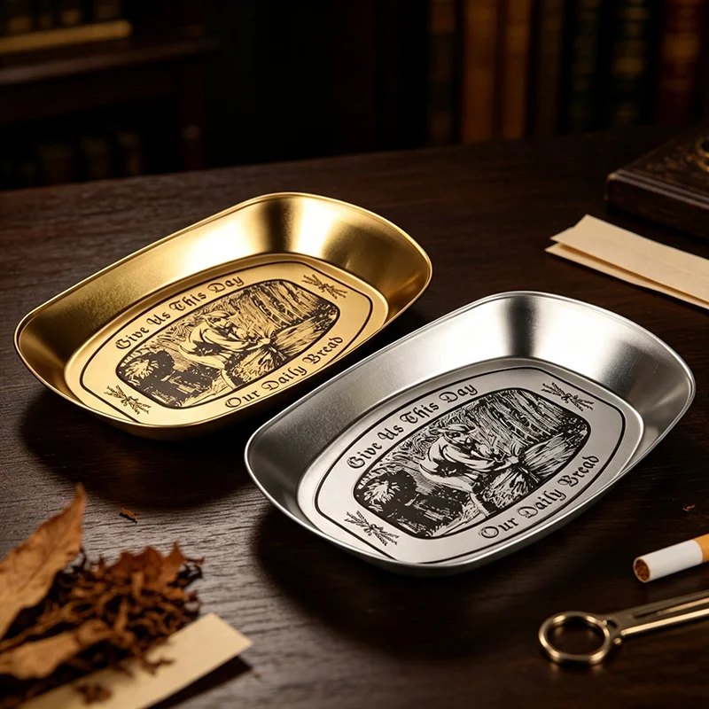 Bandeja para Cigarrillos Metálica Ovalada Retro, Bandeja para Cigarrillos de Acero Inoxidable Dorado y Plateado con Patrón Retro, Accesorios para Fumar