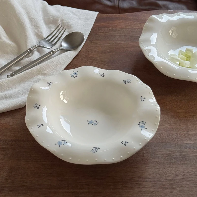 Floral Print Ceramic Plate Wave Edge Durable Round Porcelain Dishes Household Kitchen Yogurt Oats Serving Tablewares Pasta Plate
