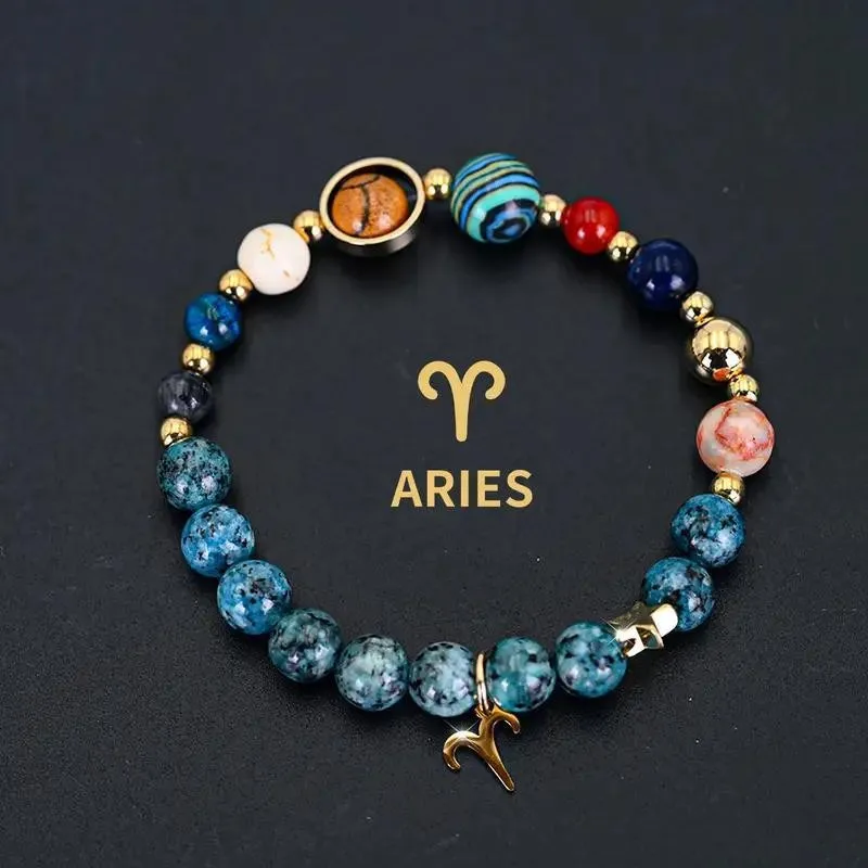 Chinese Style Lucky 12 Constellation Eight Planets Natural Stone Beaded Bracelet Blue Spot Jasper Tiger Eye Pink Stone Good Luck