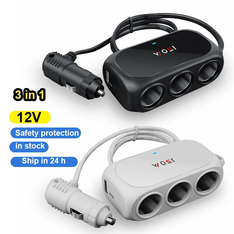 12V 24V 3 in 1 Socket Car Cigarette Lighter Adapte Splitter Dual USB LED 120W Fast Charger Plug Adapter for IPhone GPS Dashcam