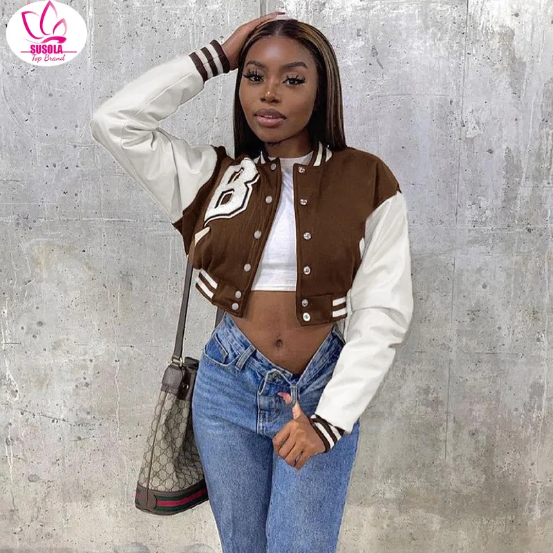 

SUSOLA Brown Baseball Trend Fall Jackets For Women Patchwork Button Black Crop Top Jackets Coats Red Varsity Bomber Jacket