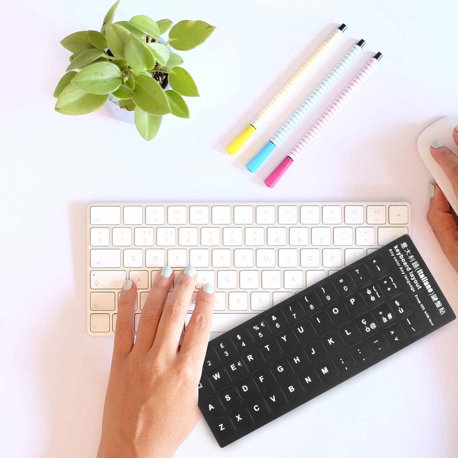 

10Pcs Italian Language Keyboard Stickers Black Background White Lettering Multi-Language Durable Keyboard Skin Replacement