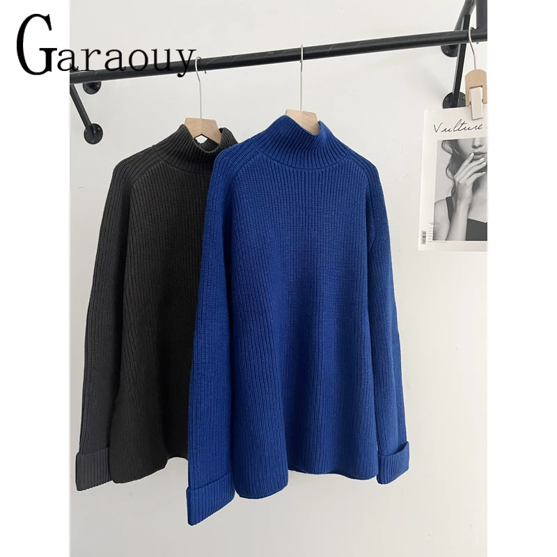 Garaouy 2023 Autumn Winter Women\'s Simple Solid High Neck Knit Sweater Female Casual Loose Soft Warm Pullover Thick Jumper Mujer