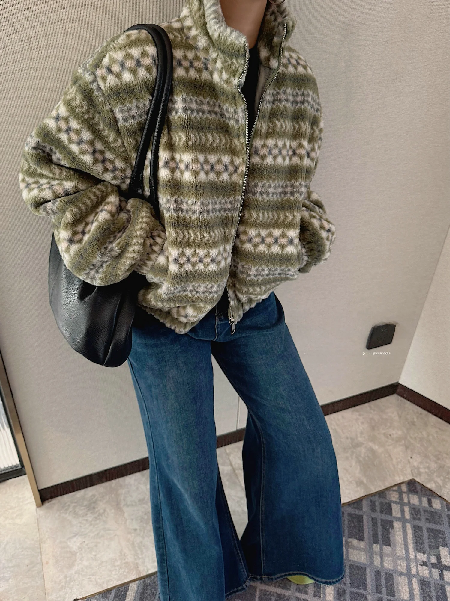 

JINGONI Geometric Plu Jaet Women's Casual Baseball Sle Cotton Outerwear Autumn Winter New Loose ort Length Korean System