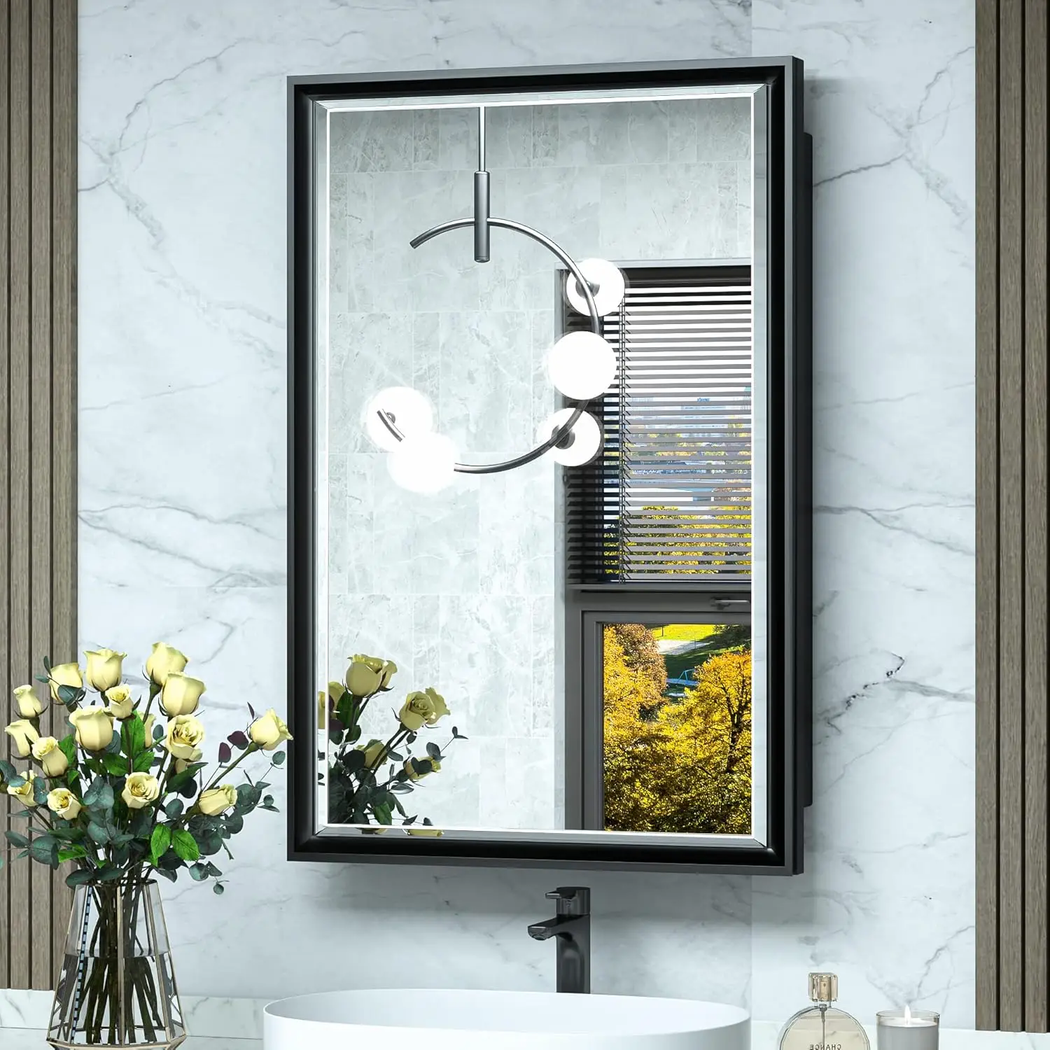 TokeShimi Armadietto dei medicinali da incasso 16x24 con specchio Specchio smussato in metallo montato a parete con portaoggetti Vanity da bagno Nero