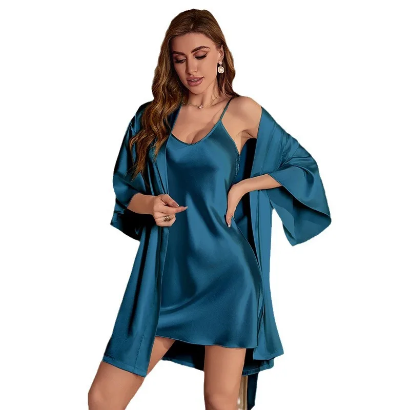 2PC Robe Suit Women Rayon Bathrobe Gown Sleep Set Summer Homewear Sleepdress Casual Kimono Sleepwear Nightgown Loungewear