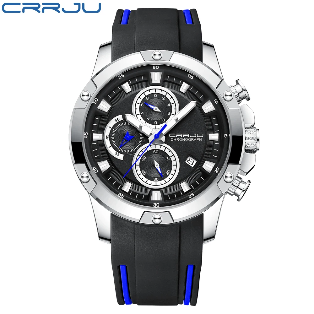 CRRJU Men Watch Fashion Business Quartz Chronograph Rubber Wristwatch with Luminous Display Relogio Masculino