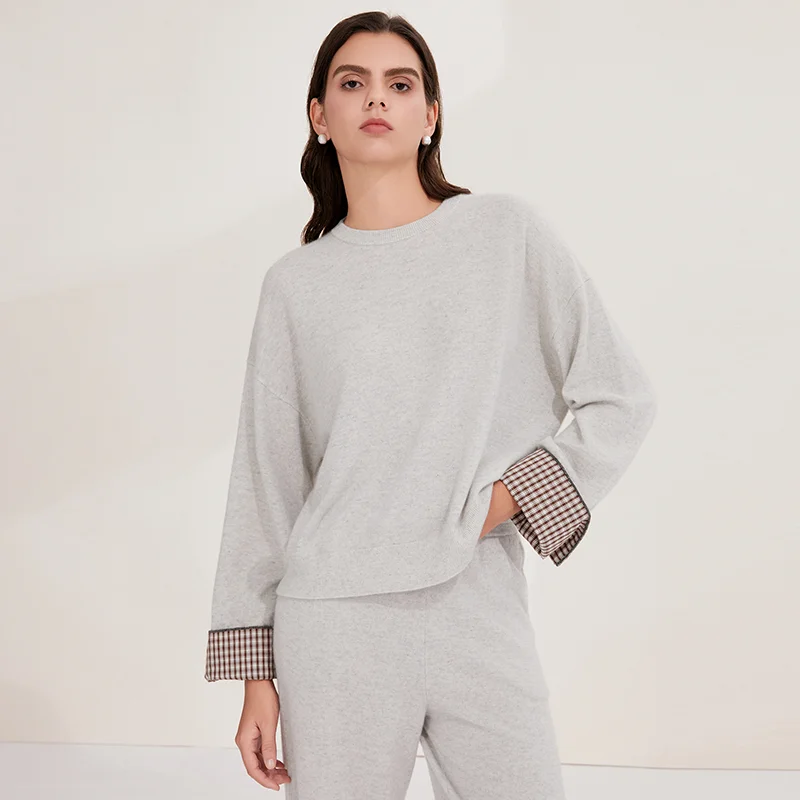 BY4521267 100% Cashmere Women's Slouchy Sweater Chain Trimmed Contrast Cotton Cuffs Crewneck Pullover Top Chic Elegant Autumn