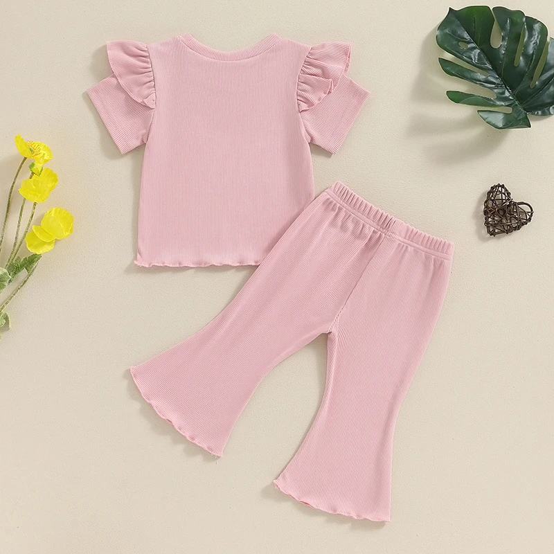 2024-04-18 Lioraitiin Little Girls Summer 2PCS Pants Sets Flying Sleeve Letter Print Tops Flared Pants Sets