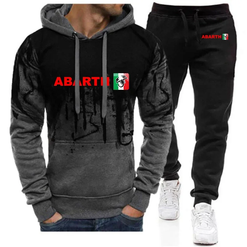 2024 Men New Abarth Gradient Color Tracksuit Sportwear Hooded Sweatshirt Tops + Pants Pullover Comfortable Casual Clothes Suit