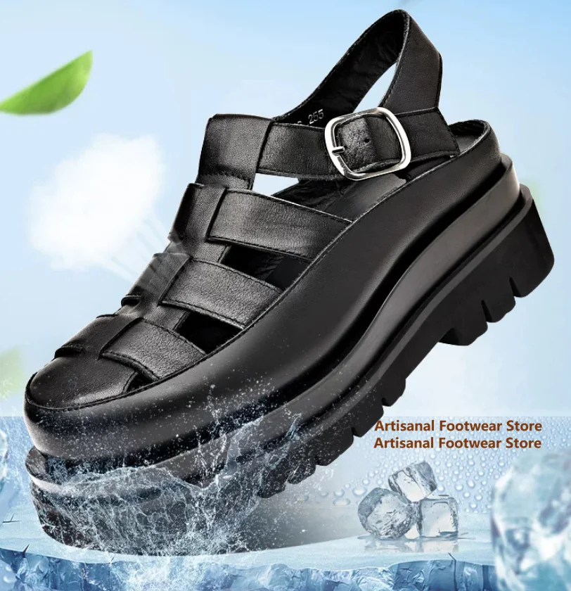 

8cm Height Increasing Men's Leather Sandals Black Thick Soled Beach Shoes Outdoor Men's Shoes Trendy Handmade Men's Sandals
