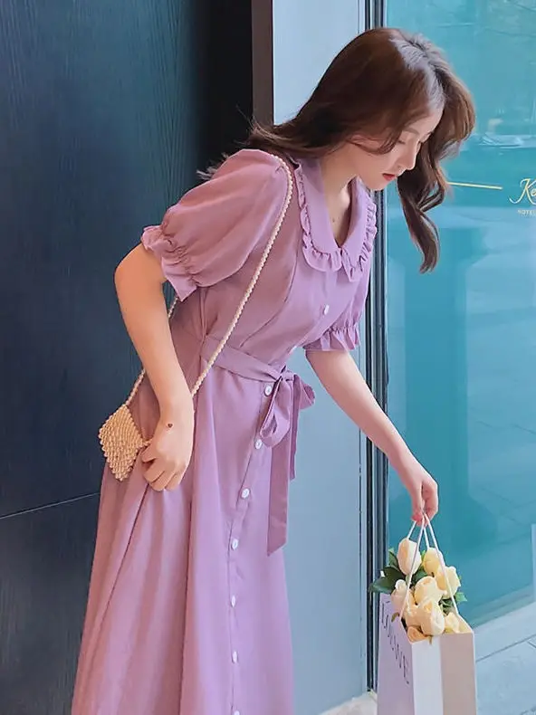 

Oversized Slightly Fat mm Kikyu dress women's Summer 2024 New style French Style Bubble Sleeves Purple Dress slim fit waist 4WZQ