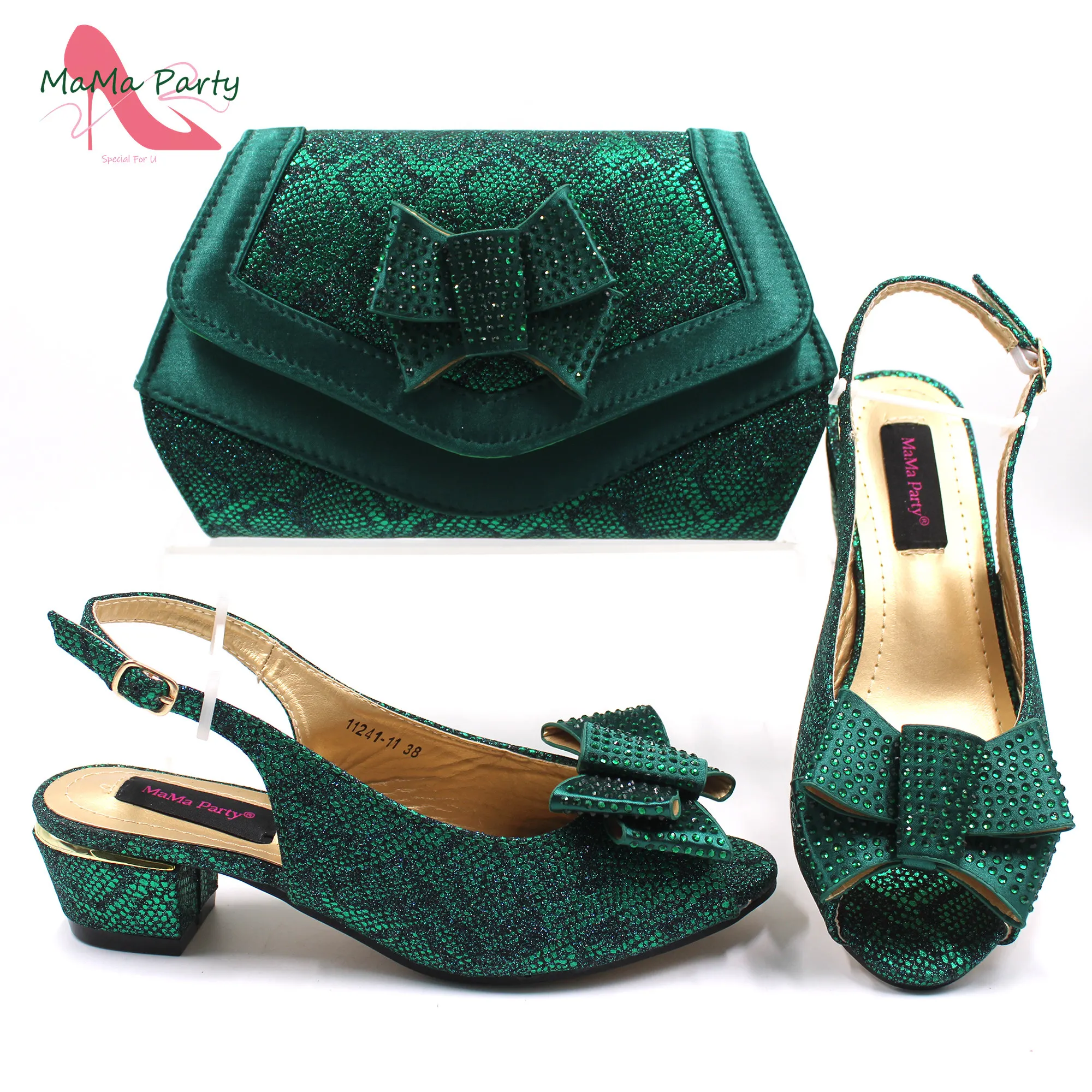 2024 Neutral Style Italian Women Design Shoes Matching Bag in Dark Green Color High Quality Mature Sandals for Wedding Dress