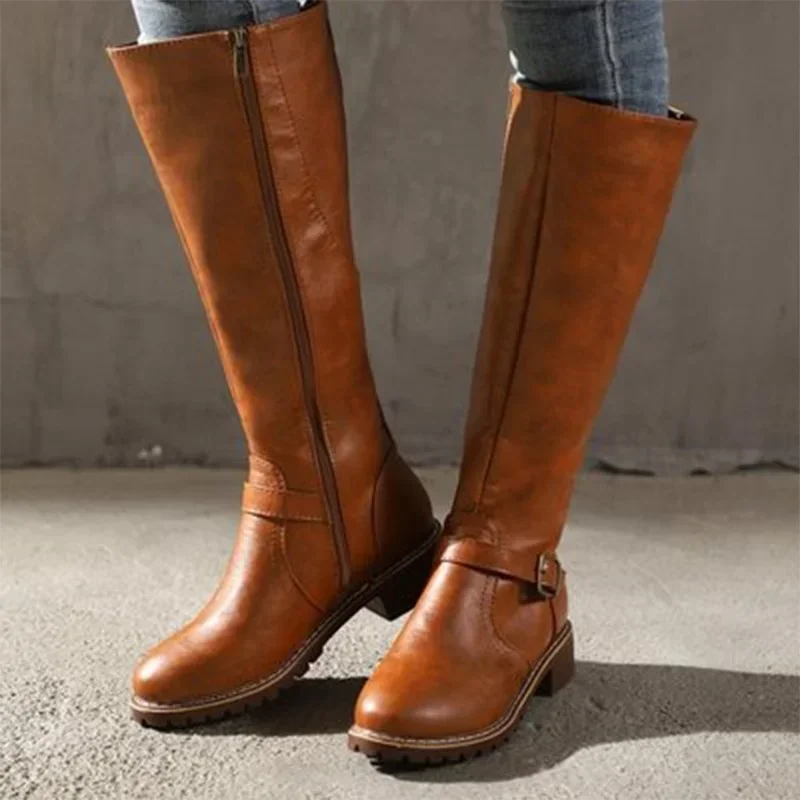 Women Leather Knee High Boots Women\'s Buckle Long Knight Boots Female Combat Boots Women Low Heels Shoes Plus Size 43