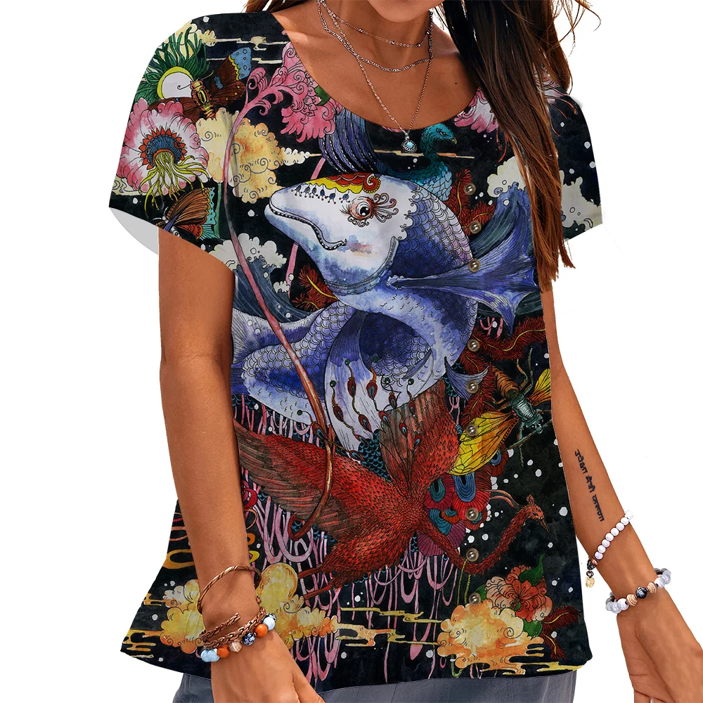 CLOOCL Ukiyo-e Women T-shirt Marine Carp Japanese Painting 3D Printed Tees Button Decorate Short Sleeve Blouse Aesthetic Tops