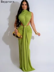 Beyprern Beautiful Green Sleeveless Hollow Out Pleated Prom Dress Women's Cut Out Metal Long Straps Party Club Dress Vestidos