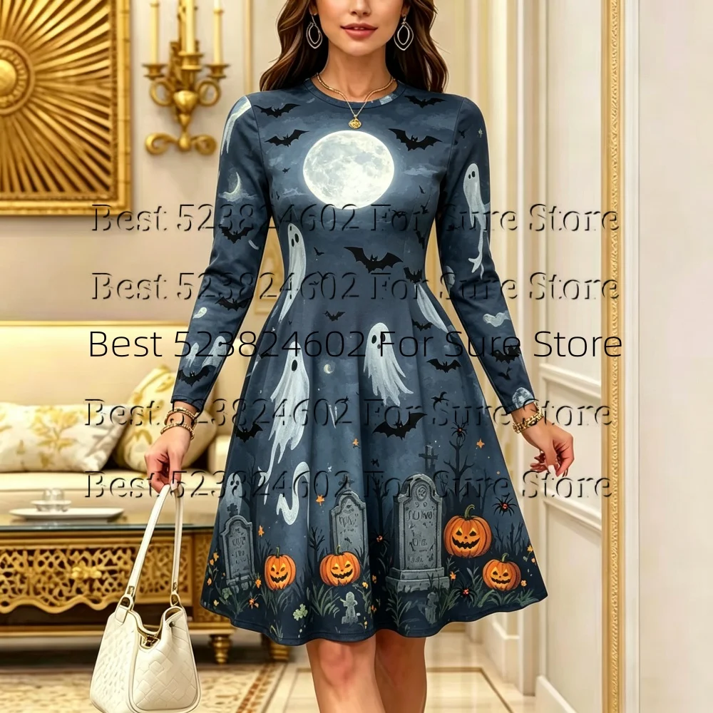 Damen-Halloween-Midikleid mit Print, O-Ausschnitt, lange Ärmel, A-Linien-Swing-Kleid, Kürbis-Hexen-Schloss-Muster, lässiges Party- und Urlaubskleid – Detail 5