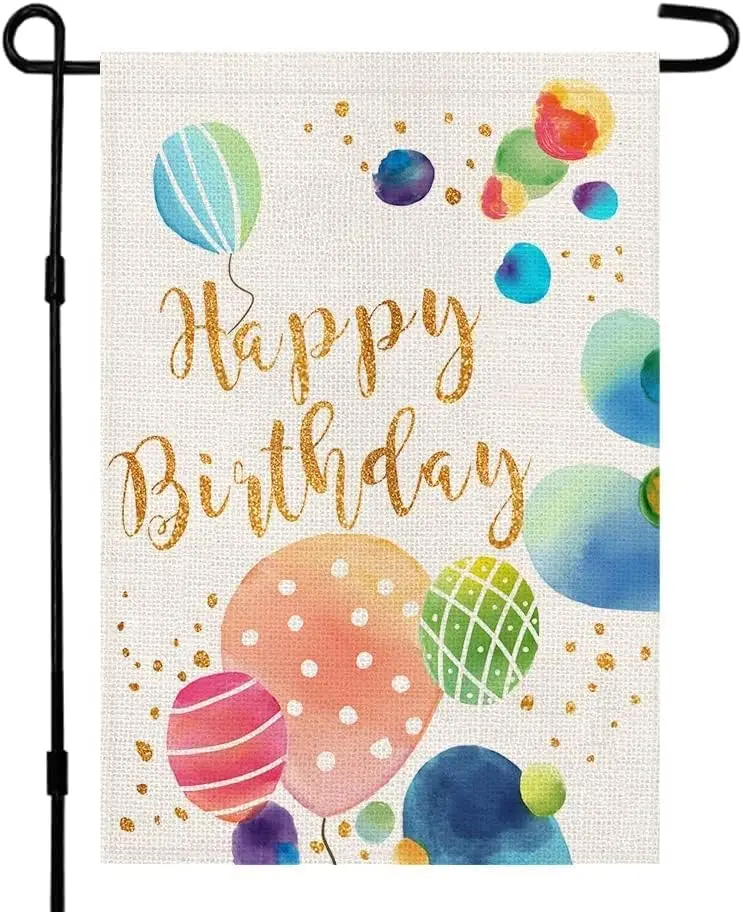 Happy Birthday Balloon Garden Flag, Double-sided Linen 12x18 Inch Home Outdoor Yard Garden Decoration -B WWP zzo