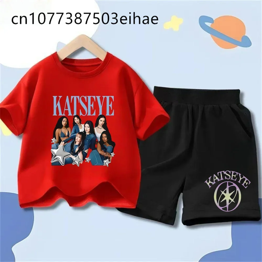 Summer Cute Y2K Style Katseye Girls' Printed Children's Short-Sleeved + Shorts Set - Casual Fashionable Must-Have Collection