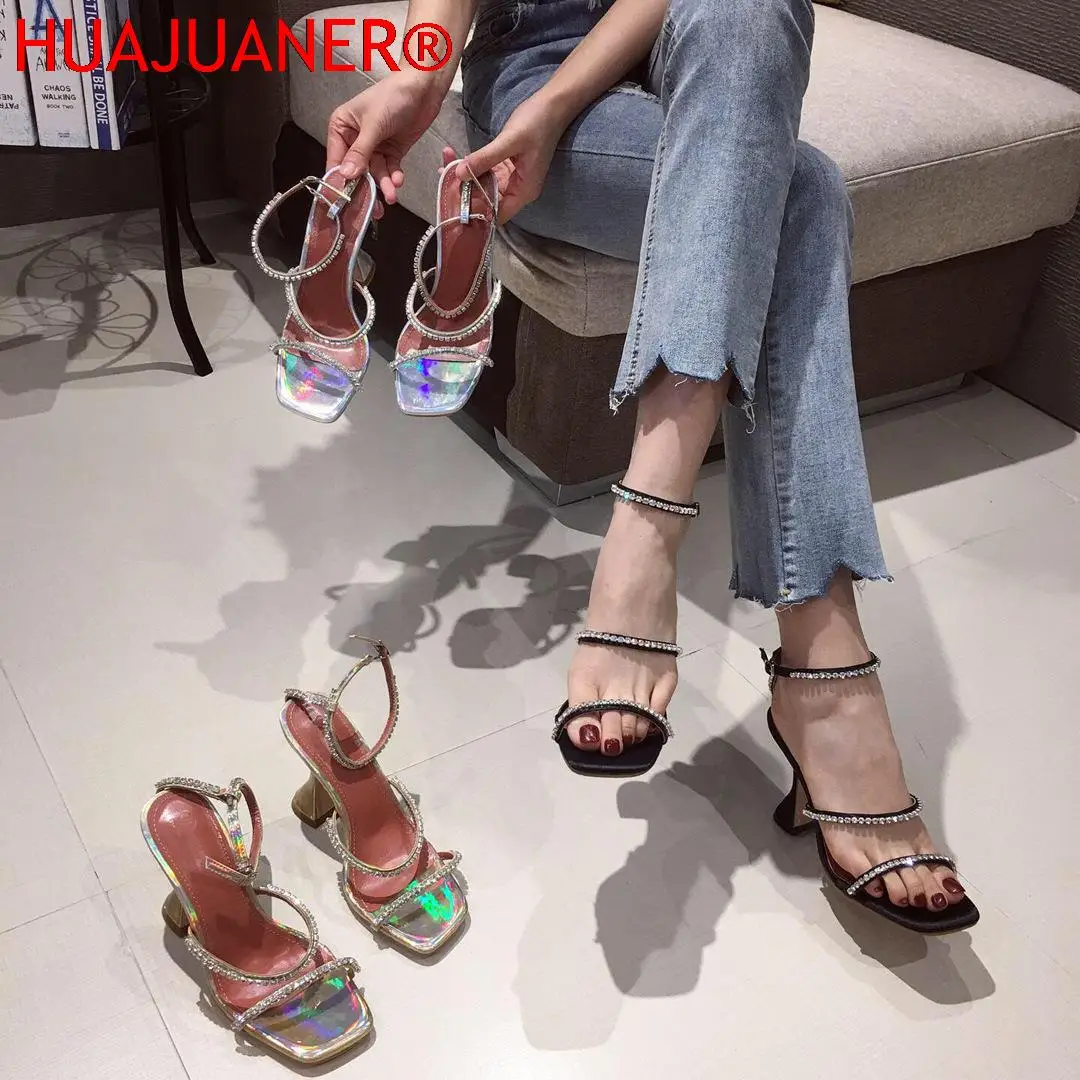 HUAJUANER 2023 Summer Sexy Open Toe Sandal Women\'s Wedding Crystal Rhinestone Ankle Buckle High Heel Shoes Sandals Women Elegant