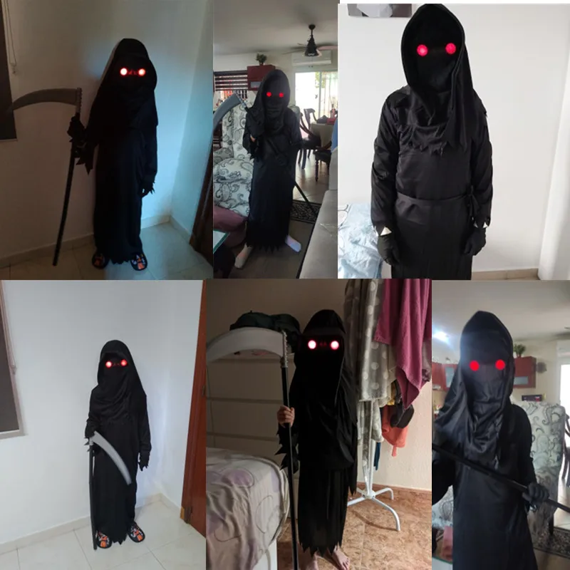 Halloween Cosplay Costume Grim Reaper effrayant squelette Costume enfants brillant yeux rouges Grim Reaper fantôme Robe envoyer des accessoires de faux