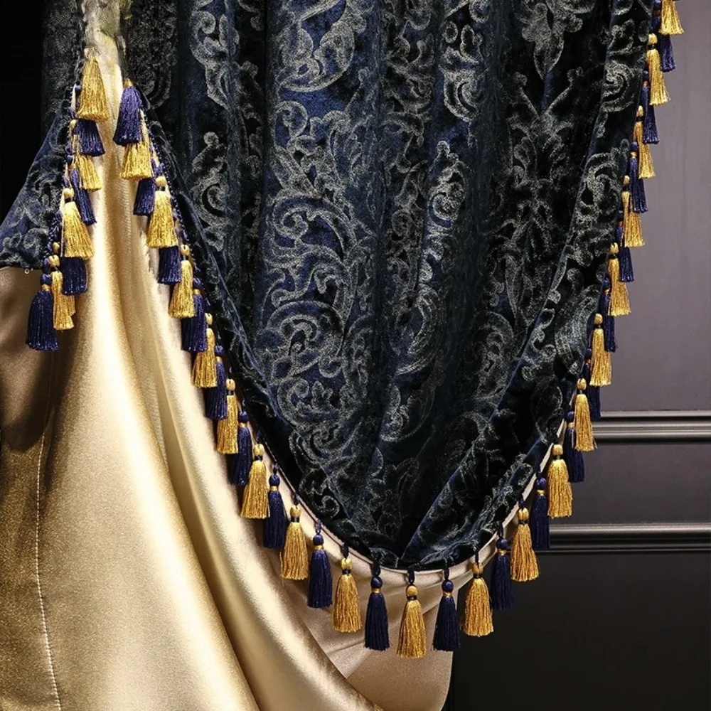 French luxury blue velvet curtains for living room cloth gold luxury curtains American high-end villa European custom size