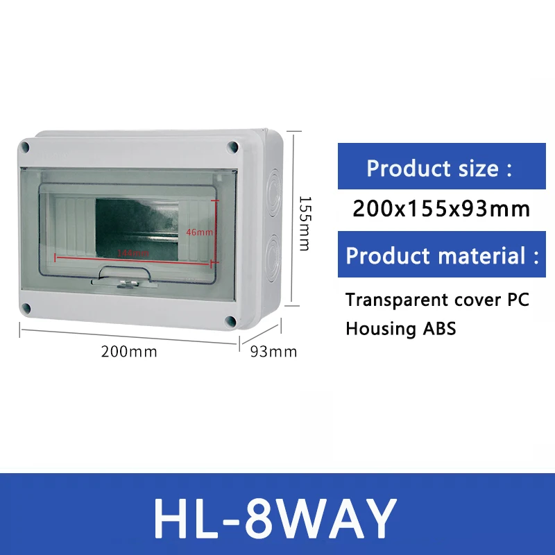 Home-use 8-position distribution box made of ABS material, with dimensions of 200x155x93mm, and waterproof rating of IP65
