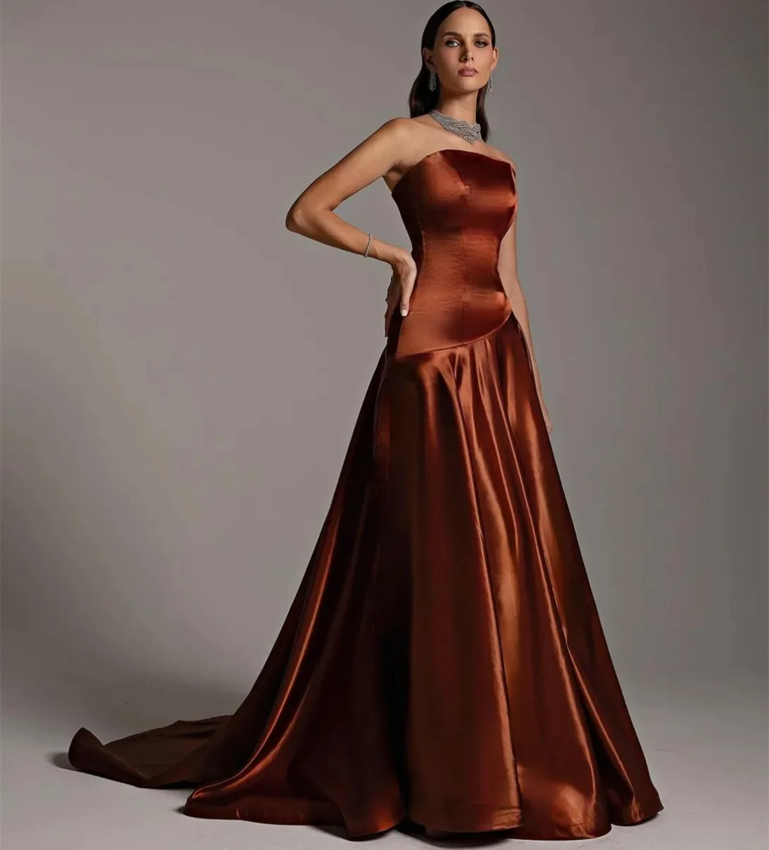 

Elegant Burnt Orange Evening Formal Dress Strapless Sleeveless Pleats Satin Long Prom Pageant Party Gowns Gala Robe De Soiree