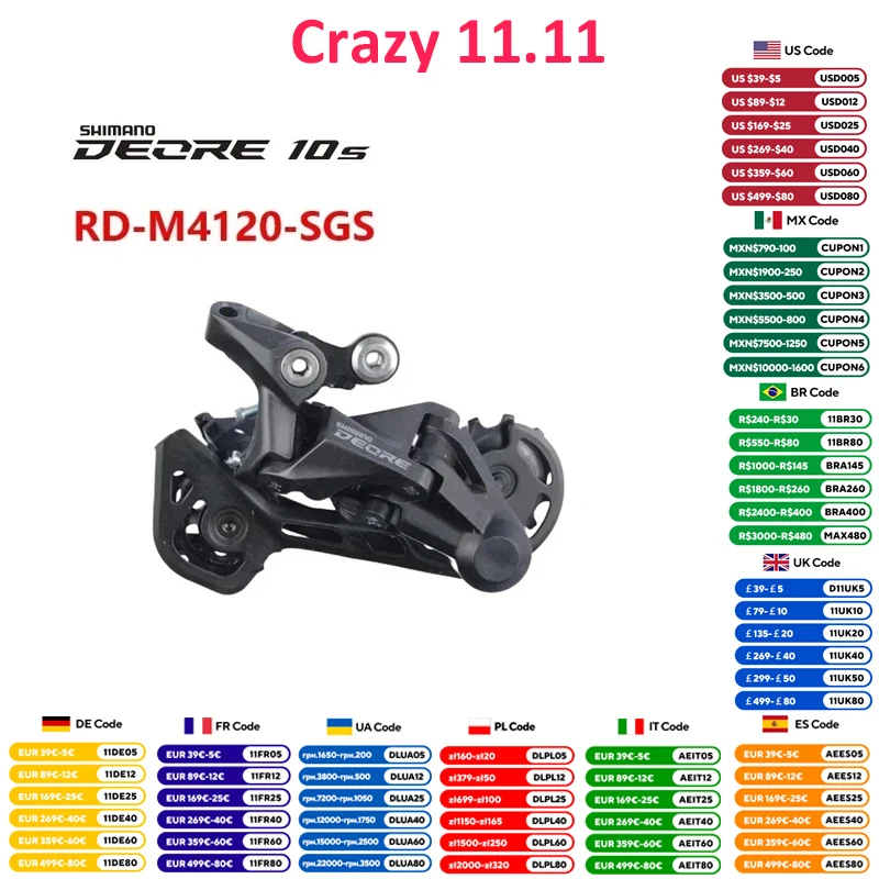 SHIMANO DEORE RD-M4120-SGS Rear Derailleur SHADOW RD 2x10/11s Compatibility With 42T Cassette For Mountain Bike Original Shimano