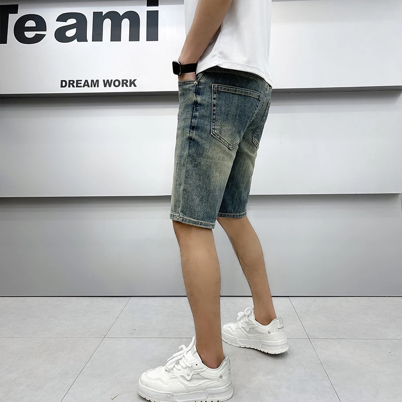 Summer thin section vintage blue jeans men's shorts high-end lightweight fashion loose straight Slim thin men's pants