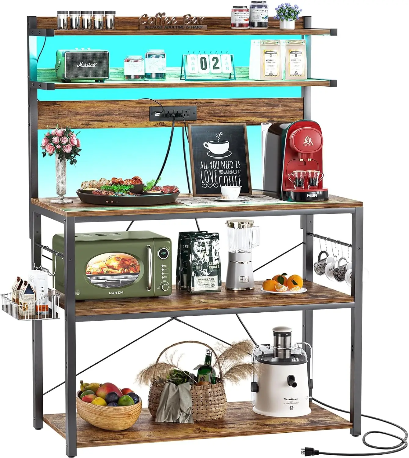 5-Tier Kitchen Storage Shelf with Power Outlets, LED Lights, and Hooks for Coffee Bar and Microwave Stand in Rustic Brown