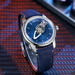OBLVLO Lightspeed Spacecraft Mechanical Watch for Men Top Blue Nightlight Waterproof Leather Strap Automatic Watches Rejos JM-SP
