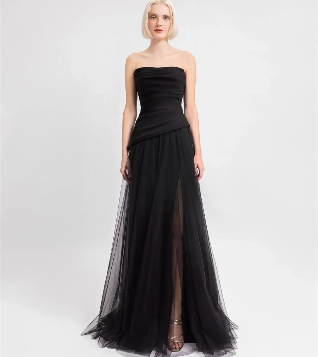 Robes de soirée noires longues personnalisées avec fente a-ligne Tulle sans bretelles plissées فسات Бmaveraétage longueur robe de bal pour les femmes
