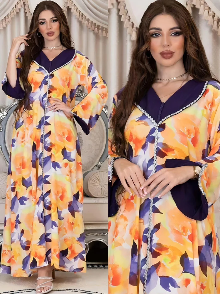 Eid Muslim Party Dress for Women Morocco Print Dresses Ramadan Lace-up Abayas Kaftan Islam Embroidery Dubai Arab Long Robe 2024