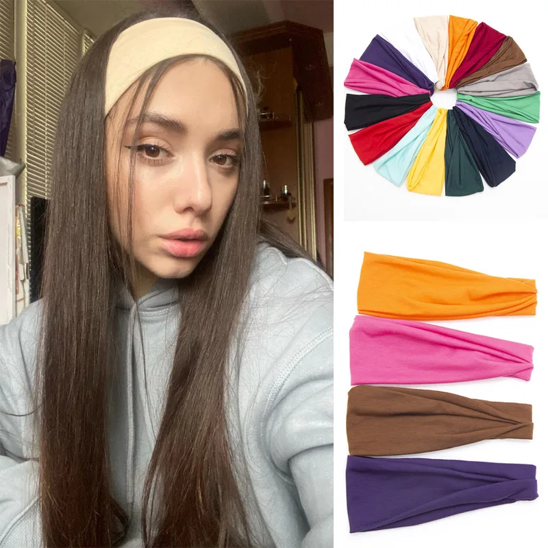 New Women Solid Color Elastic Hair Bands Yoga Headband Fashion Turban Makeup Hair Hoop Vintag Knotted Headwrap Hair Accessories