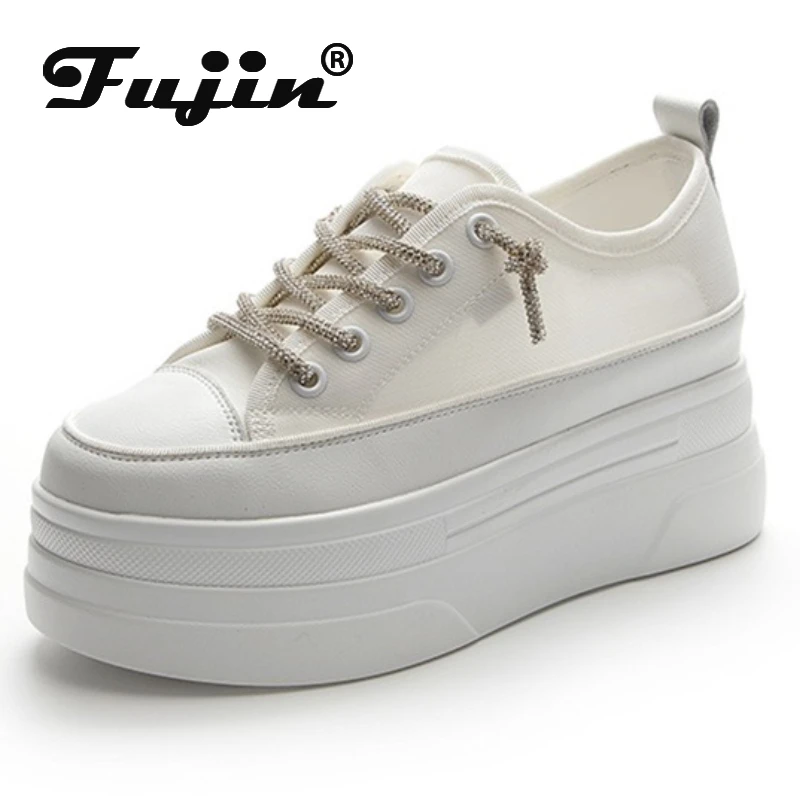 Fujin 8cm Breathable Air Mesh Genuine Leather Women Platform Shoes Wedge Sneakers for Women Summer Shoes Fashion Sneakers